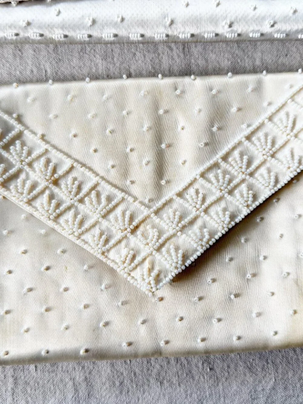 Three 1950's Vintage Ivory Satin and Beaded Pearl Clutch Purses